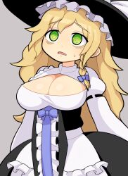Rule 34 | 1girl, @ @, apron, bags under eyes, black corset, black hat, black skirt, blue bow, bow, braid, breasts, center frills, cleavage, cleavage cutout, clothing cutout, commentary request, cookie (touhou), corset, cowboy shot, frilled hat, frills, green eyes, grey background, hair bow, hat, hospital king, kirisame marisa, large breasts, long hair, long sleeves, mars (cookie), medium bangs, messy hair, open mouth, shirt, side braid, simple background, single braid, skirt, solo, touhou, waist apron, white apron, white shirt