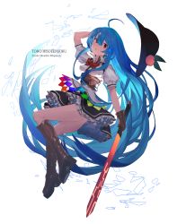 Rule 34 | 1girl, absurdly long hair, animal ears, black hat, black skirt, blue hair, boots, bow, bowtie, brown footwear, brown gloves, collared shirt, commentary request, copyright name, gloves, hair between eyes, hat, high heel boots, high heels, highres, hinanawi tenshi, holding, holding sword, holding weapon, knee boots, long hair, puffy short sleeves, puffy sleeves, rainbow order, red bow, red bowtie, red eyes, shirt, short sleeves, skirt, solo, sword, sword of hisou, touhou, unworn hat, unworn headwear, very long hair, weapon, white background, white shirt, yoo (tabi no shiori)