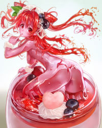 Rule 34 | 1girl, ass, back, bad id, bad pixiv id, blueberry, breasts, chikokuma, colored skin, cup, drink, dripping, finger to mouth, food, food as clothes, from behind, fruit, glass, hair ornament, highres, ice, ice cube, in container, in cup, in food, leaning forward, liquid hair, long hair, looking at viewer, looking back, monster girl, nude, original, pink skin, red eyes, red hair, scrunchie, slime girl, solo, strawberry, thighhighs, twintails, two side up, whipped cream, wrist scrunchie