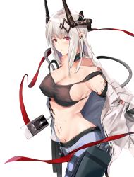 Rule 34 | 1girl, arknights, bad id, bad pixiv id, bare shoulders, black choker, blush, breasts, choker, cleavage, commentary, covered erect nipples, cowboy shot, crop top, highres, horns, large breasts, long hair, looking at viewer, material growth, midriff, mudrock (arknights), mudrock (elite ii) (arknights), navel, off shoulder, oripathy lesion (arknights), pointy ears, red eyes, silver hair, simple background, sirius enjoliao, solo, sports bra, standing, stomach, white background