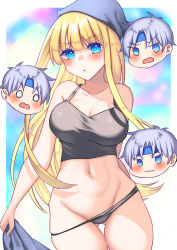 Rule 34 | 1boy, 1girl, absurdres, black panties, blonde hair, blue eyes, blush, breasts, chibi, chibi inset, cleavage, closed mouth, collarbone, crop top, highres, large breasts, looking at viewer, navel, panties, puyopuyo, schezo wegey, thighs, uissu, underwear, undressing, witch (puyopuyo)