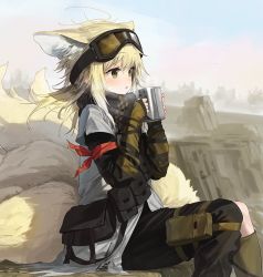 Rule 34 | 1girl, :o, animal ears, arknights, arm ribbon, asymmetrical clothes, black pants, black scarf, blonde hair, blush, brown eyes, brown socks, cup, day, feet out of frame, fox ears, fox girl, fox tail, goggles, goggles on head, holding, holding cup, kneehighs, layered sleeves, long hair, long sleeves, looking afar, multiple tails, official alternate costume, open mouth, outdoors, pants, pouch, red ribbon, ribbon, rock, scarf, single pantsleg, sitting, sleeves past wrists, socks, solo, steam, suzuran (arknights), suzuran (lostlands flowering) (arknights), tail, wasabi60