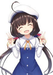 Rule 34 | 10s, 1girl, ^ ^, ahoge, beret, black hair, blush, closed eyes, facing viewer, hands up, hat, heijialan, hinatsuru ai, long hair, long sleeves, open mouth, ryuuou no oshigoto!, simple background, smile, solo, very long hair, white background