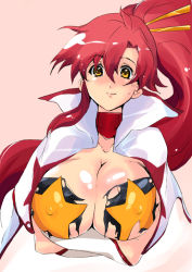 Rule 34 | 00s, 1girl, bodypaint, breast hold, breast lift, breasts, cape, cleavage, false clothes, huge breasts, long hair, looking at viewer, painted clothes, ponytail, red hair, simple background, smile, solo, soyoking, space yoko, strapless, tengen toppa gurren lagann, tube top, yellow eyes, yoko littner