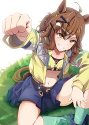 Rule 34 | 1girl, absurdres, ahoge, animal ears, arm up, black skirt, breasts, clenched hand, commentary request, crop top, cropped jacket, earrings, grin, hair between eyes, hair ornament, heisan777, highres, horse ears, horse girl, horse tail, jacket, jewelry, jungle pocket (umamusume), long sleeves, looking at viewer, medium hair, midriff, navel, simple background, single earring, skirt, small breasts, smile, solo, tail, umamusume, upper body, v-shaped eyebrows, white background, x hair ornament, yellow eyes, yellow jacket