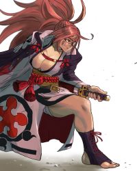 Rule 34 | 1girl, 6maker, amputee, baiken, big hair, black kimono, breasts, cleavage, eyepatch, facial tattoo, guilty gear, guilty gear xrd, highres, japanese clothes, kimono, large breasts, long hair, multicolored clothes, multicolored kimono, muscular, muscular female, one-eyed, open clothes, open kimono, pink eyes, pink hair, ponytail, samurai, samurai spirits, scar, scar across eye, scar on face, simple background, snk, solo, tattoo, thighs, toeless footwear, white kimono