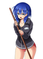 Rule 34 | 1girl, alternate costume, blue eyes, blue hair, breasts, catria (fire emblem), cleavage, fire emblem, fire emblem: mystery of the emblem, headband, highres, jacket, long sleeves, nintendo, open mouth, oyashimakanya, short hair, simple background, solo, white background, white headband, zipper