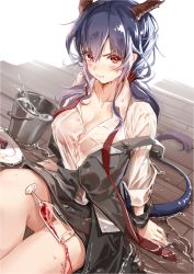 Rule 34 | 1girl, arknights, black skirt, black vest, blue hair, blush, breasts, bucket, ch&#039;en (arknights), cleavage, clouble, collarbone, commentary, covered erect nipples, cup, dragon horns, dragon tail, drinking glass, hair between eyes, highres, horns, long hair, long sleeves, looking at viewer, medium breasts, no bra, red eyes, see-through, shirt, sitting, skirt, solo, tail, v-shaped eyebrows, vest, water, wet, wet clothes, wet shirt, white shirt, wrist cuffs