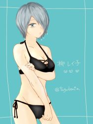 Rule 34 | 1girl, armpits, artist name, asymmetrical bangs, back-tie bikini, barefoot, bikini, black bikini, blue background, boku no hero academia, breasts, cleavage, clenched hands, collarbone, expressionless, eyelashes, feet, female focus, fingernails, grey eyes, groin, hair over one eye, hand on own arm, hands up, heart, japanese text, legs, looking at viewer, matching hair/eyes, medium breasts, medium hair, midriff, navel, neck, parted lips, side-tie bikini bottom, sidelocks, signature, silver hair, standing, summer, swimsuit, thighs, tugudemia, yanagi reiko