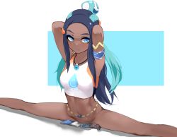 Rule 34 | 1girl, absurdres, armband, armlet, armpits, arms behind head, bike shorts, blue background, blue eyes, blue eyeshadow, blue hair, blush, bottomless, closed mouth, clothes writing, creatures (company), crop top, dark-skinned female, dark skin, eyeshadow, female focus, forehead, game freak, hair ornament, highres, jewelry, leaning forward, light blush, long hair, looking at viewer, makeup, multicolored hair, navel, necklace, nessa (pokemon), nintendo, pokemon, pokemon swsh, reborns, shirt, shorts, sidelocks, simple background, sitting, sleeveless, sleeveless shirt, solo, split, spread legs, stomach, torn clothes, torn shorts, two-tone background, two-tone hair, unworn shorts, white background, white shirt
