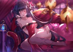 Rule 34 | 1girl, ;p, absurdres, arm support, armpits, bare legs, barefoot, black hair, blue fire, blurry, blurry foreground, blush, breasts, cage, chessia, cleavage, collarbone, colored skin, commentary request, couch, curtains, demon girl, depth of field, detached sleeves, fire, fur-trimmed sleeves, fur trim, gradient skin, hand on own hip, hand on own cheek, hand on own face, head wings, heiyan shenshi, highres, indoors, large breasts, long hair, long sleeves, looking at viewer, on couch, one eye closed, parted lips, pink wings, purple skin, reclining, red eyes, revealing clothes, skindentation, smile, solo, tongue, tongue out, tower of saviors, very long hair, wings