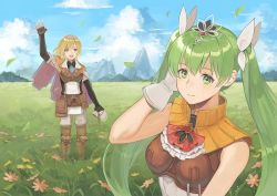 Rule 34 | 1boy, 1girl, arm up, black gloves, blonde hair, blue sky, cape, closed mouth, cloud, ascot, day, elbow gloves, fingerless gloves, flower, frey (rune factory), gloves, grass, green eyes, green hair, hair ornament, kyufe, leaf, lest (rune factory), long hair, mountain, open mouth, outdoors, pouch, purple eyes, rune factory, rune factory 4, sky, sleeveless, smile, standing, twintails, white gloves