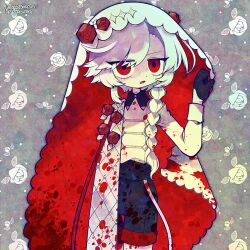 Rule 34 | 1boy, :o, androgynous, artist name, black gloves, black shorts, blood, blood on clothes, braid, cape, collared shirt, commission, commissioner name, floral background, flower, funamusea (artist), gloves, grey background, holding, holding cape, holding clothes, looking at viewer, male focus, open mouth, original, patterned background, red eyes, red flower, red trim, shaded face, shirt, shorts, single braid, skeb commission, solo, white cape, white hair, white shirt