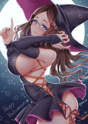 Rule 34 | 1girl, bare shoulders, black dress, blue eyes, blush, breasts, bridal gauntlets, brown hair, closed mouth, detached sleeves, dress, fate/grand order, fate (series), forehead, full moon, glasses, happy halloween, hat, highres, large breasts, leonardo da vinci (fate), leonardo da vinci (witch of moonlit night) (fate), long hair, looking at viewer, moon, night, night sky, parted bangs, revision, short dress, sidelocks, sky, smile, thighs, witch hat, witch of moonlit night, youshuu