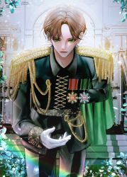 Rule 34 | 1boy, bad id, bad twitter id, brown hair, gloves, green eyes, highres, long sleeves, male focus, medal, original, outstretched hand, prince, rainbow, short hair, solo, sparkle, white gloves
