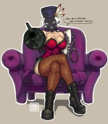 Rule 34 | 1girl, 2018, amputee, arm cannon, armchair, black dahlia, bodice, boots, breasts, chain, chair, collar, collarbone, corset, crossed legs, elbow gloves, fishnet legwear, fishnets, gloves, grenade launcher, grey background, gun, hat, hat feather, highres, large breasts, leash, looking at viewer, mask, pillbox hat, prosthesis, prosthetic arm, sitting, skullgirls, smile, solo, veil, weapon, white eyes, white hair