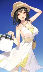 Rule 34 | 1girl, :d, bag, bare shoulders, belt, black hair, breasts, cleavage, dress, earrings, hat, hayakawa akari, highres, jewelry, kantai collection, large breasts, looking at viewer, medium hair, nail polish, open mouth, red eyes, sleeveless, sleeveless dress, smile, solo, takao (kancolle), teeth, tongue, white dress, yellow nails