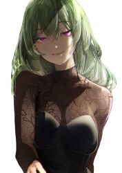 Rule 34 | 1girl, absurdres, alternate costume, bare shoulders, black dress, breasts, cleavage, collarbone, commentary request, crossed bangs, dress, green hair, hair between eyes, hamaguri-san (hamagur69200744), hand up, head tilt, highres, lips, long hair, long sleeves, looking at viewer, medium breasts, purple eyes, sidelocks, simple background, smile, solo, sousou no frieren, strapless, tongue, ubel (sousou no frieren), upper body, very long hair, white background