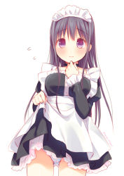 Rule 34 | 1girl, apron, black hair, blush, breasts, choker, clothes lift, long hair, looking at viewer, maid, maid apron, maid headdress, original, panties, petticoat, purple eyes, simple background, skirt, skirt lift, smile, solo, squiggle, underwear, upskirt, usashiro mani, waka (mani), white background, white panties, wide-eyed