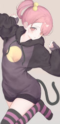 Rule 34 | 1girl, absurdres, bad id, bad pixiv id, blush, brown background, cat tail, commentary, hair bobbles, hair ornament, hands up, highres, hood, hood down, hoodie, long sleeves, nametarou (meron), no shoes, original, parted bangs, parted lips, pink hair, puffy long sleeves, puffy sleeves, purple hoodie, red eyes, side ponytail, simple background, sleeves past wrists, solo, standing, standing on one leg, striped clothes, striped legwear, striped thighhighs, symbol-only commentary, tail, thighhighs, thighs
