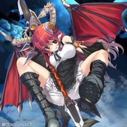 Rule 34 | 1girl, :p, armlet, bad id, bad pixiv id, bare shoulders, belt, black footwear, bloomers, blue eyes, blush, boots, buckle, cloud, coattails, demon girl, demon horns, demon wings, detached sleeves, dress, eigou no venus gear, flying, frills, highres, horns, jewelry, lace, lace-trimmed dress, lace trim, long hair, long sleeves, necktie, night, night sky, pointy ears, red hair, short dress, sky, sleeveless, sleeveless dress, smile, solo, spread legs, tongue, tongue out, underwear, weapon, wings, yamacchi