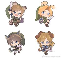 Rule 34 | 4boys, animal ears, blonde hair, blue eyes, brown hair, bunny hood (zelda), champion&#039;s tunic (zelda), chinese commentary, commentary request, dog, dog tail, frown, green headwear, green tunic, hat, holding, holding shield, holding sword, holding weapon, kemonomimi mode, link, male focus, master sword, multiple boys, multiple persona, nintendo, open mouth, pointy ears, round teeth, serious, shield, smile, striped tail, sword, tail, teeth, the legend of zelda, the legend of zelda: breath of the wild, the legend of zelda: ocarina of time, the legend of zelda: skyward sword, the legend of zelda: twilight princess, weapon, wolf ears, wolf tail, young link, yun (dl2n5c7kbh8ihcx)