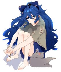 Rule 34 | 1girl, :&lt;, ahoge, animal ears, bangle, barefoot, blue bow, blue eyes, blue hair, blue skirt, blush, bow, bracelet, breasts, cat, cat ears, cat tail, closed mouth, commentary request, debt, expressionless, eyelashes, feet, grey hoodie, hair between eyes, hair bow, highres, hood, hoodie, jewelry, knees, licking, long hair, looking at viewer, medium breasts, necono (nyu6poko), on head, shadow, short sleeves, sidelocks, simple background, sitting, skirt, solo, stuffed animal, stuffed cat, stuffed toy, tail, toes, touhou, wavy hair, white background, yorigami shion
