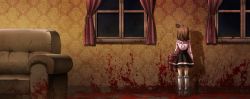 Rule 34 | 07th expansion, 1girl, blood, brown hair, couch, game cg, highres, legend of the golden witch, short hair, solo, standing, umineko no naku koro ni, ushiromiya maria
