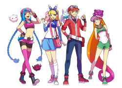 Rule 34 | 1boy, 3girls, :d, absurdly long hair, alternate costume, bare arms, bare shoulders, belt, blue hairband, blue skirt, bracelet, braid, breasts, brown footwear, brown gloves, creatures (company), ezreal, facial mark, full body, game freak, gloves, green shorts, hairband, holding, holding poke ball, jacket, jewelry, jinx (league of legends), kneehighs, league of legends, little legend, long hair, lux (league of legends), multiple girls, navel, nintendo, open mouth, pink headwear, pink legwear, pink shorts, poke ball, pokemon, red footwear, red headwear, red jacket, short shorts, shorts, shorts under shorts, skirt, small breasts, smile, socks, standing, stomach, teeth, thighhighs, twin braids, upper teeth only, very long hair, vmat, white belt, white headwear, white legwear, zoe (league of legends)