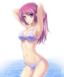 Rule 34 | 1girl, armpits, arms up, atomix, bare arms, bikini, breasts, cleavage, cowboy shot, hand in own hair, highres, large breasts, long hair, looking at viewer, md5 mismatch, naomi (atomix), navel, original, pink hair, purple eyes, solo, swimsuit, water, wet