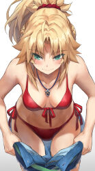 Rule 34 | 1girl, bare shoulders, bikini, blonde hair, blush, braid, breasts, clothes pull, collarbone, fate/apocrypha, fate (series), front-tie bikini top, front-tie top, green eyes, hair ornament, hair scrunchie, half up braid, highres, jewelry, long hair, looking down, medium breasts, mordred (fate), necklace, pants, pants pull, ponytail, red bikini, red scrunchie, revision, scrunchie, side-tie bikini bottom, sidelocks, solo, swimsuit, tonee