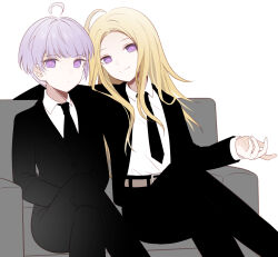 Rule 34 | 2boys, ahoge, alternate costume, black jacket, black necktie, black pants, black suit, blonde hair, closed mouth, collared shirt, couch, crossed legs, feet out of frame, formal, highres, jacket, long hair, long sleeves, looking at viewer, makoto kagutsuchi, male focus, master detective archives: rain code, multiple boys, necktie, on couch, pants, purple eyes, purple hair, qiao xing, shirt, short hair, simple background, sitting, smile, spoilers, suit, white background, white shirt, yuma kokohead