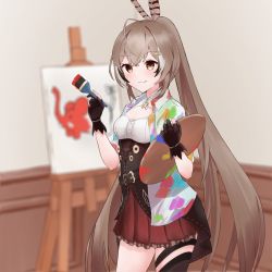 Rule 34 | 1girl, ahoge, altmifuku, asymmetrical legwear, black gloves, black thighhighs, blurry, blurry background, brown eyes, brown hair, canvas (object), cleavage cutout, clothing cutout, coat, commentary, easel, elephant, english commentary, feather hair ornament, feathers, gloves, hair between eyes, hair ornament, high ponytail, highres, hololive, hololive english, long hair, nanashi mumei, paint stains, paintbrush, palette (object), partially fingerless gloves, red skirt, skirt, solo, thighhighs, very long hair, virtual youtuber, white coat