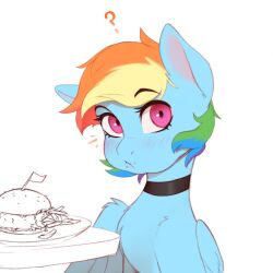 Rule 34 | ?, black choker, blush, burger, choker, food, horse, looking at viewer, multicolored hair, my little pony, my little pony: friendship is magic, notice lines, pink eyes, plate, pudgeruffian, rainbow dash, rainbow hair, table, upper body, wings