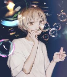 Rule 34 | 1girl, androgynous, bad id, bad twitter id, blonde hair, brown eyes, blowing bubbles, looking at viewer, original, reflection, shirt, short hair, short sleeves, soap bubbles, solo, upper body, utsuwa0120, white shirt