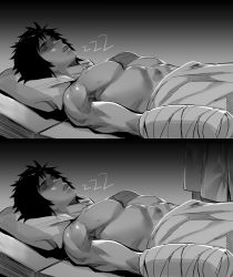 Rule 34 | 1boy, absurdres, bandages, bed sheet, closed eyes, fate/grand order, fate (series), fujimaru ritsuka (male), greyscale, highres, hxd, lying, monochrome, on back, open mouth, short hair, sleeping