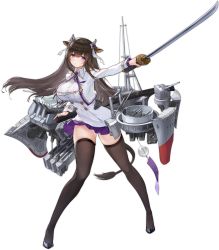 Rule 34 | 1girl, animal ears, azur lane, black footwear, black hair, breasts, brown thighhighs, cow ears, cow girl, cow horns, cow tail, cropped jacket, floating hair, full body, highres, holding, holding sword, holding weapon, horns, jacket, kashino (azur lane), katana, large breasts, long hair, long sleeves, looking at viewer, machinery, mast, official art, open clothes, open jacket, outstretched arm, pleated skirt, purple eyes, purple skirt, sheath, shirt, skirt, solo, standing, sword, tail, thighhighs, transparent background, turret, weapon, white jacket, white shirt, wind chime, wing collar, yyy (zelda10010), zettai ryouiki