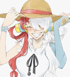 Rule 34 | 1girl, artist request, bare shoulders, blush, breasts, dress, grin, hair over one eye, hat, headphones, highres, idol, large breasts, long hair, long sleeves, multicolored hair, one piece, one piece film: red, purple eyes, red hair, simple background, smile, solo, straw hat, two-tone hair, uta (one piece), very long hair, white dress, white hair
