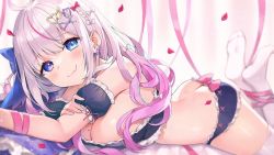 Rule 34 | 1girl, ahoge, ass, ayamy, bare shoulders, black panties, blue eyes, blurry, breasts, butt crack, character request, cleavage, copyright request, depth of field, detached sleeves, duplicate, fang, frills, gradient hair, hair ornament, hairclip, heterochromia, indie virtual youtuber, legs up, long hair, looking at viewer, lying, medium breasts, midriff, mole, mole on breast, multicolored hair, on stomach, panties, pink hair, purple eyes, skin fang, smile, solo, streaked hair, thighhighs, thighs, underwear, virtual youtuber, white hair, white thighhighs, x hair ornament, yasou toiki