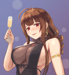 Rule 34 | 1girl, ahoge, antenna hair, armlet, black dress, blunt bangs, blush, breasts, brown hair, champagne flute, cleavage, cup, dress, drinking glass, dsr-50 (girls&#039; frontline), dsr-50 (highest bid) (girls&#039; frontline), earrings, gem, girls&#039; frontline, holding, holding cup, holding drinking glass, jewelry, large breasts, long hair, looking at viewer, moppu (000mopipi), nail polish, no bra, official alternate costume, open mouth, pendant, red eyes, red gemstone, ring, see-through, sidelocks, solo, upper body