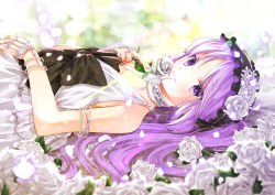 Rule 34 | 1girl, bead bracelet, bead necklace, beads, blurry, bokeh, bonnet, bracelet, depth of field, dress, euryale (fate), euryale (third ascension) (fate), fate/hollow ataraxia, fate (series), fingernails, flower, hairband, holding, holding flower, iroha (shiki), jewelry, lolita hairband, long hair, looking at viewer, lying, nail polish, necklace, on back, purple eyes, purple hair, purple nails, rose, sleeveless, sleeveless dress, smelling, smile, solo, sunlight, white dress, white flower, white rose