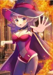 Rule 34 | 1girl, black bodysuit, black cape, black choker, black hat, blurry, blurry background, blush, bodysuit, bodysuit under clothes, breasts, brown eyes, brown hair, cape, choker, cleavage, clenched hand, collarbone, commentary request, commission, covered navel, depth of field, fire, hat, kou hiyoyo, leotard, looking at viewer, medium breasts, open mouth, original, outstretched arm, red leotard, skeb commission, solo, strapless, strapless leotard, witch hat