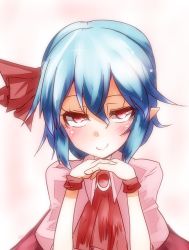 Rule 34 | 1girl, ascot, blue hair, blush, bow, brooch, hair bow, interlocked fingers, jewelry, looking at viewer, no headwear, pointy ears, red eyes, remilia scarlet, simple background, smile, solo, takorice, touhou, wrist cuffs