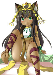 Rule 34 | 1girl, animal ears, ankle lace-up, armlet, barefoot, bastet (p&amp;d), black hair, cat ears, cat tail, circlet, crop top, cross-laced footwear, dark skin, dark-skinned female, egyptian, feet, green eyes, jewelry, kaminagi (kaminagi-tei), loincloth, long hair, lots of jewelry, midriff, no panties, puzzle &amp; dragons, shoes, single shoe, soles, solo, tail, tail censor, toes, wristband