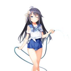 Rule 34 | 1girl, ;), arm at side, black hair, blue eyes, blue neckerchief, blue one-piece swimsuit, blush, breasts, closed mouth, collarbone, covered navel, crown, emma beauty, facing viewer, flower, hair between eyes, hair flower, hair ornament, hair ribbon, hand up, holding, holding hose, hose, legs together, light smile, long hair, looking at viewer, mini crown, neckerchief, official art, old school swimsuit, one-piece swimsuit, one eye closed, ribbon, school swimsuit, school uniform, see-through, serafuku, shirt, short sleeves, sidelocks, small breasts, smile, solo, spraying, standing, straight hair, swimsuit, swimsuit under clothes, thigh gap, tied shirt, transparent background, uchi no hime-sama ga ichiban kawaii, very long hair, water, wet, wet clothes, wet shirt, wet swimsuit, white flower, white shirt, yellow ribbon