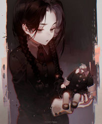 Rule 34 | 1girl, addams family, artist name, black eyes, black footwear, black hair, black jacket, black nails, black theme, braid, commentary request, doll, dress, half-closed eyes, jacket, kawacy, long hair, long sleeves, low twintails, nail polish, open mouth, parted bangs, solo, twin braids, twintails, wednesday addams
