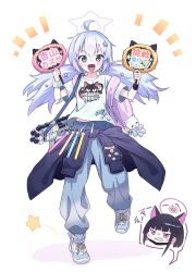 Rule 34 | 2girls, ahoge, animal ears, backpack, bag, black hair, blue archive, cat ears, clothes around waist, grey eyes, gun, hair ornament, halo, hand fan, highres, jacket, jacket around waist, kazusa (blue archive), low twintails, multiple girls, pants, pink bag, pink eyes, pink hair, purple hair, rakura (rakurax), reisa (blue archive), shoes, shotgun, sneakers, standard manufacturing dp-12, star (symbol), star hair ornament, stuffed animal, stuffed cat, stuffed toy, twintails, weapon