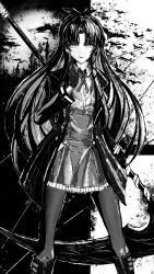 Rule 34 | 1girl, bat (animal), blunt bangs, bow, coat, commentary, curtained hair, dress, eiyuu densetsu, english commentary, gloves, hair bow, highres, holding, holding scythe, holding weapon, huge weapon, kuro no kiseki, looking at viewer, monochrome, open clothes, open coat, renne (eiyuu densetsu), scythe, solo, thighhighs, weapon, zeeta no kiseki