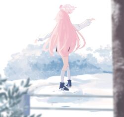 Rule 34 | 1girl, absurdres, ahoge, blue archive, from behind, full body, halo, highres, hoshino (blue archive), long hair, long sleeves, lyrinne, outdoors, outstretched arms, pink hair, shirt, shoes, skirt, sneakers, socks, solo, spread arms, walking, white shirt, white socks