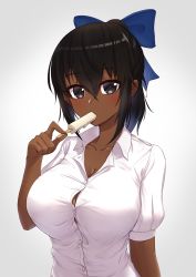 Rule 34 | 1girl, arm at side, black eyes, black hair, bow, breasts, cleavage, collarbone, collared shirt, commentary, crossed bangs, dark-skinned female, dark skin, dress shirt, english commentary, expressionless, food, food in mouth, gradient background, grey background, hair between eyes, hair bow, highres, holding, holding food, jirofly, large breasts, looking at viewer, medium hair, original, partially unbuttoned, ponytail, popsicle, shirt, short sleeves, sidelocks, solo, taut clothes, taut shirt, undersized clothes, upper body, white background, wing collar
